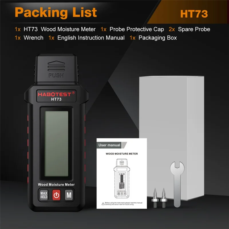 HABOTEST HT73 Wood Moisture Meter Digital Humidity Detector for Wood Paper Board (without Battery) - Black