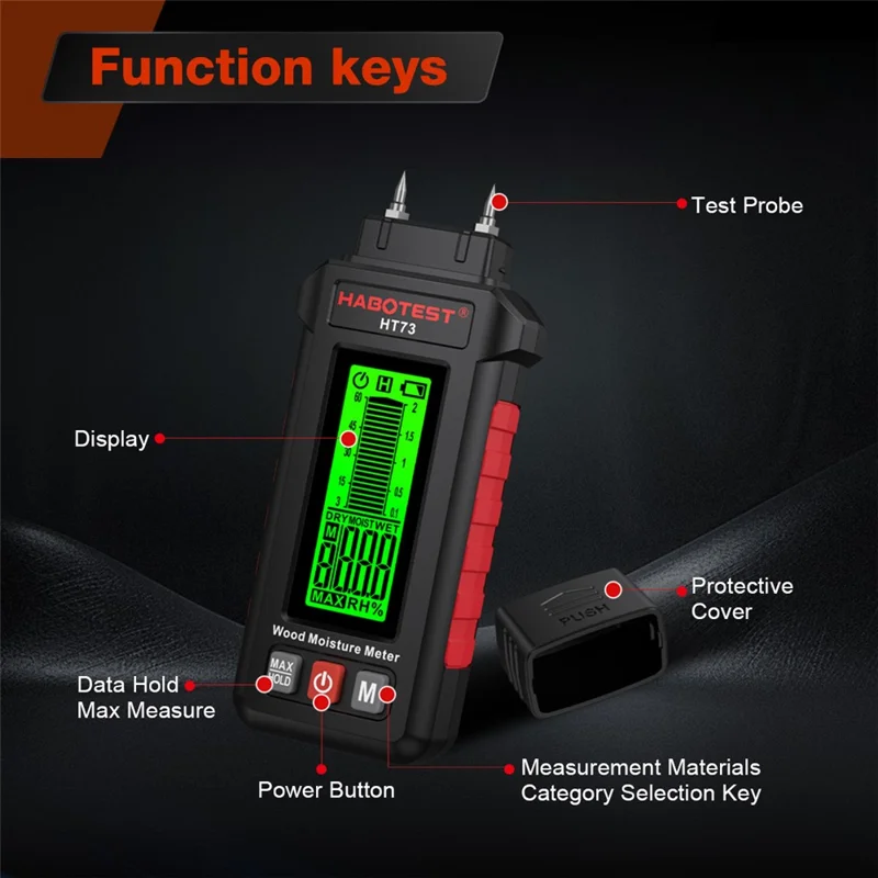 HABOTEST HT73 Wood Moisture Meter Digital Humidity Detector for Wood Paper Board (without Battery) - Black