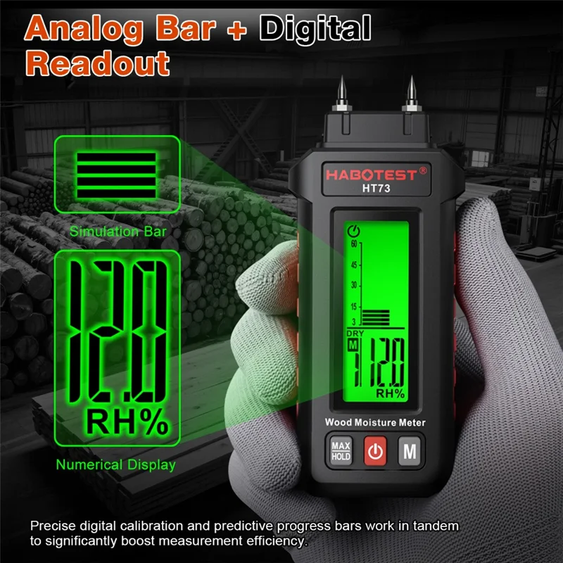 HABOTEST HT73 Wood Moisture Meter Digital Humidity Detector for Wood Paper Board (without Battery) - Black