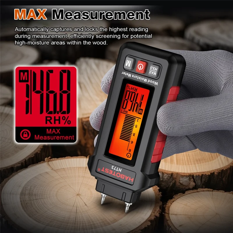 HABOTEST HT73 Wood Moisture Meter Digital Humidity Detector for Wood Paper Board (without Battery) - Black