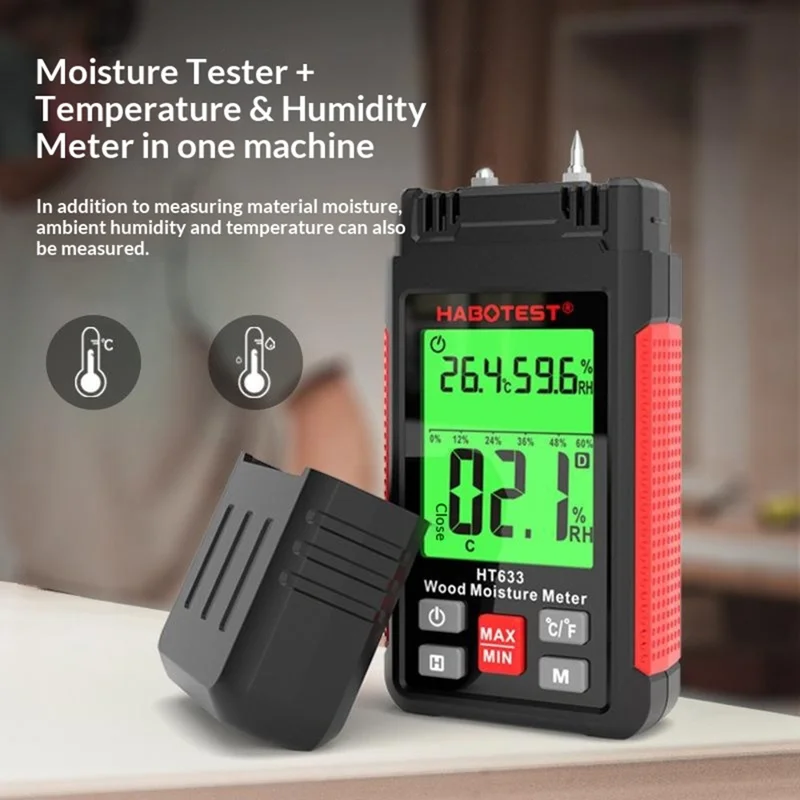 HABOTEST HT633 Misuratore di Umidità del Legno con Sonda, Rilevazione per 7 Materiali, Termoigrometro (senza batteria) - Nero