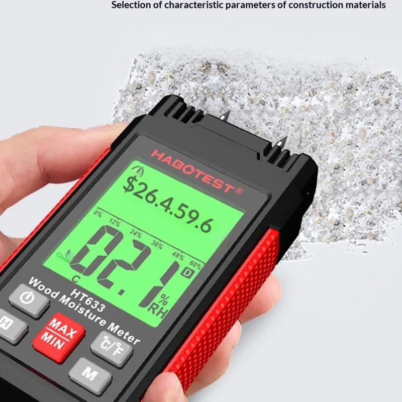 HABOTEST HT633 Misuratore di Umidità del Legno con Sonda, Rilevazione per 7 Materiali, Termoigrometro (senza batteria) - Nero