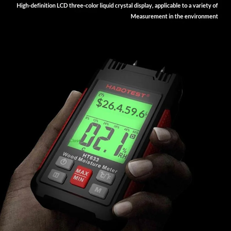 HABOTEST HT633 Misuratore di Umidità del Legno con Sonda, Rilevazione per 7 Materiali, Termoigrometro (senza batteria) - Nero