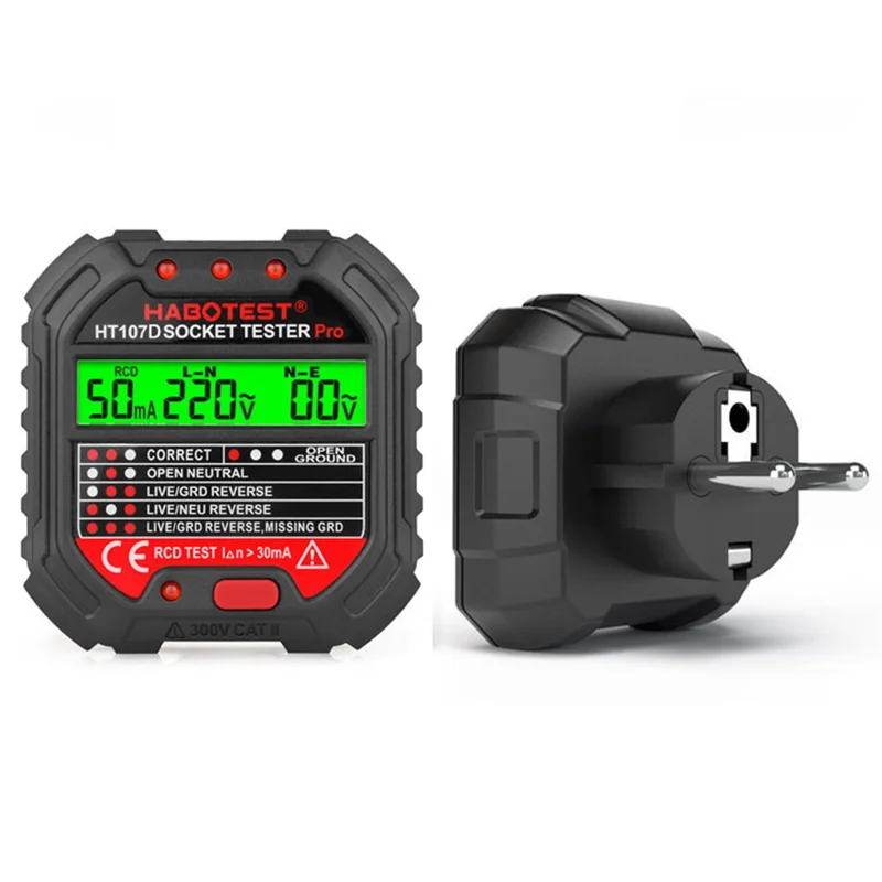 HABOTEST HT107D Socket Tester AC 90-250V RCD Test Socket Detector for Home Safety, EU Plug - Black