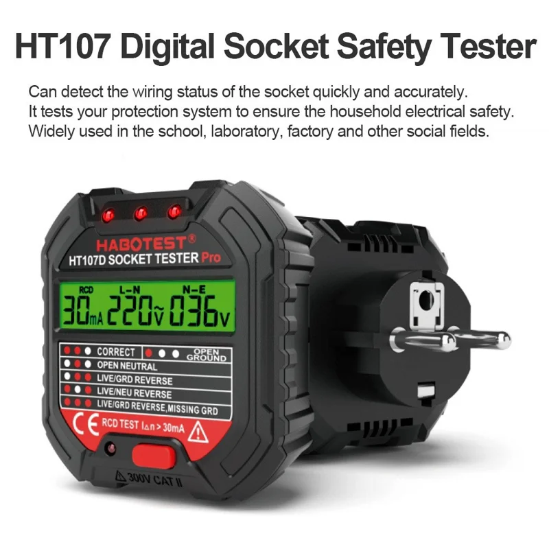 HABOTEST HT107D Socket Tester AC 90-250V RCD Test Socket Detector for Home Safety, EU Plug - Black