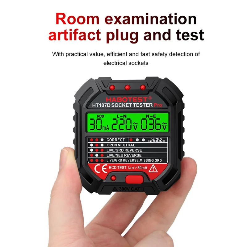 HABOTEST HT107D Socket Tester AC 90-250V RCD Test Socket Detector for Home Safety, EU Plug - Black