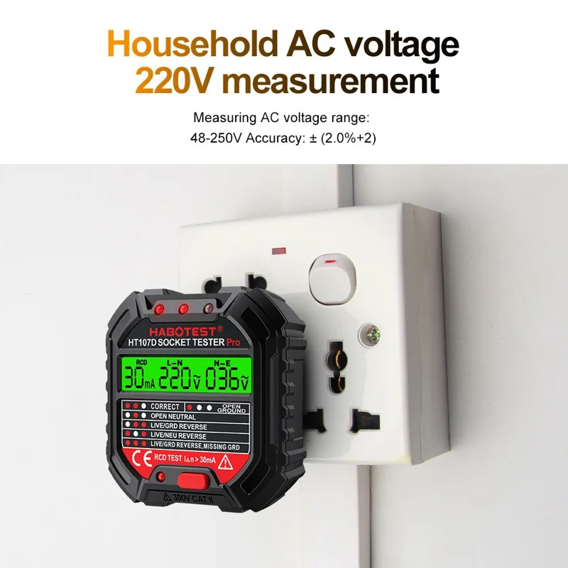 HABOTEST HT107D Socket Tester AC 90-250V RCD Test Socket Detector for Home Safety, EU Plug - Black
