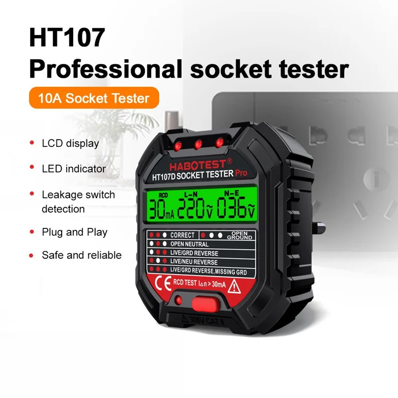 HABOTEST HT107D Socket Tester AC 90-250V RCD Test Socket Detector for Home Safety, EU Plug - Black