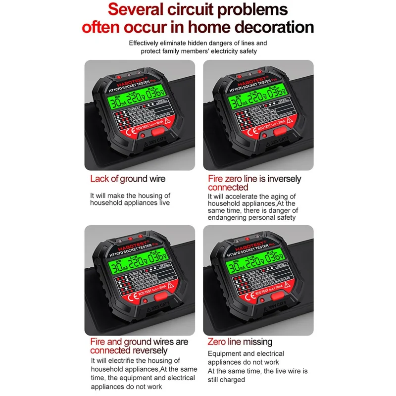 HABOTEST HT107D Socket Tester AC 90-250V RCD Test Socket Detector for Home Safety, EU Plug - Black