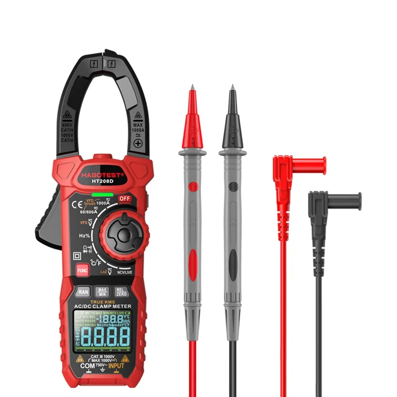 HABOTEST HT208D 1000A AC / DC Digital Clamp Meter True RMS Pliers Multimeter (without Battery) - Black / Red