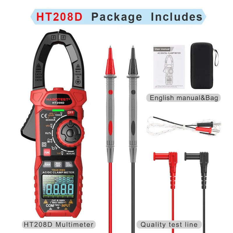 HABOTEST HT208D 1000A AC / DC Digital Clamp Meter True RMS Pliers Multimeter (without Battery) - Black / Red