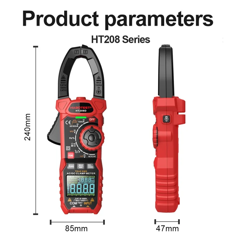 HABOTEST HT208D 1000A AC / DC Digital Clamp Meter True RMS Pliers Multimeter (without Battery) - Black / Red
