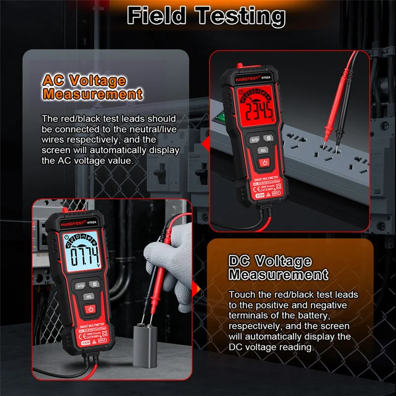 HABOTEST HT82A Multimetro Digitale Intelligente con Riconoscimento Automatico di Tensione CA/CC, Tester con Rilevamento NCV (senza Batteria) - Nero