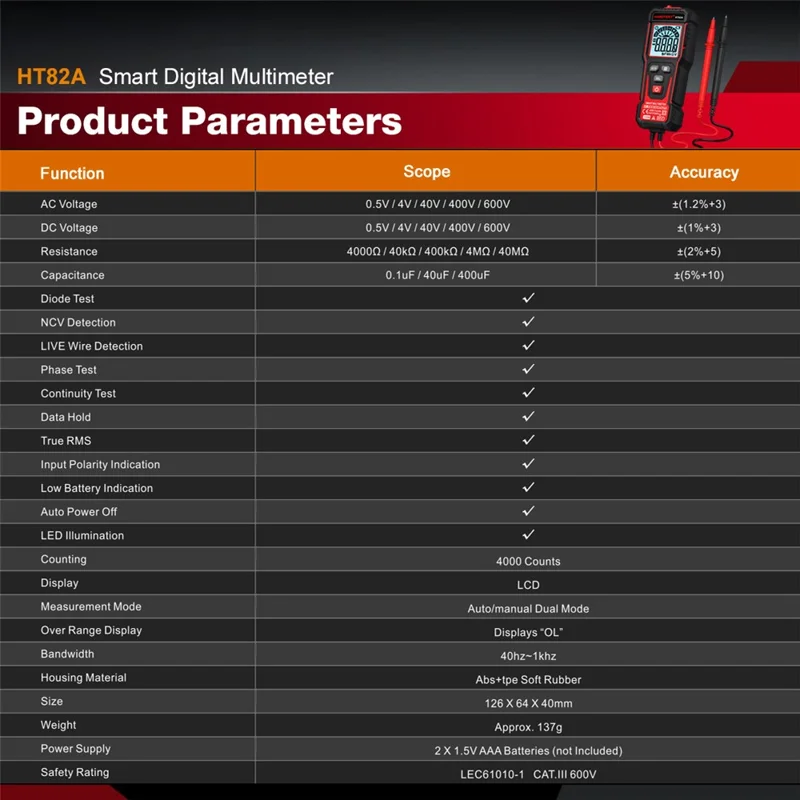 HABOTEST HT82A Multimetro Digitale Intelligente con Riconoscimento Automatico di Tensione CA/CC, Tester con Rilevamento NCV (senza Batteria) - Nero