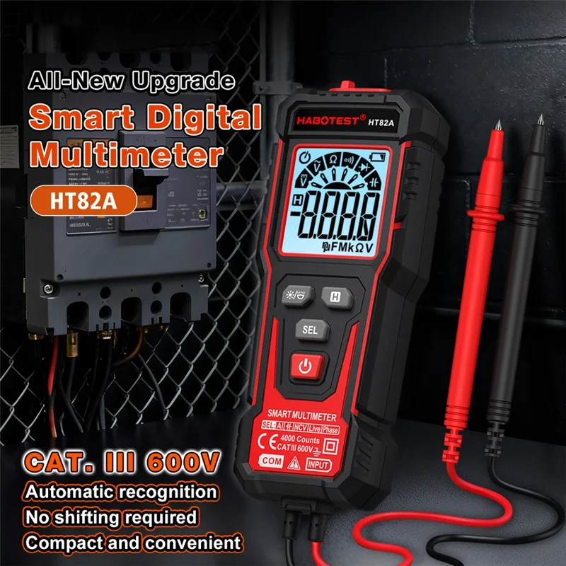 HABOTEST HT82A Multimetro Digitale Intelligente con Riconoscimento Automatico di Tensione CA/CC, Tester con Rilevamento NCV (senza Batteria) - Nero