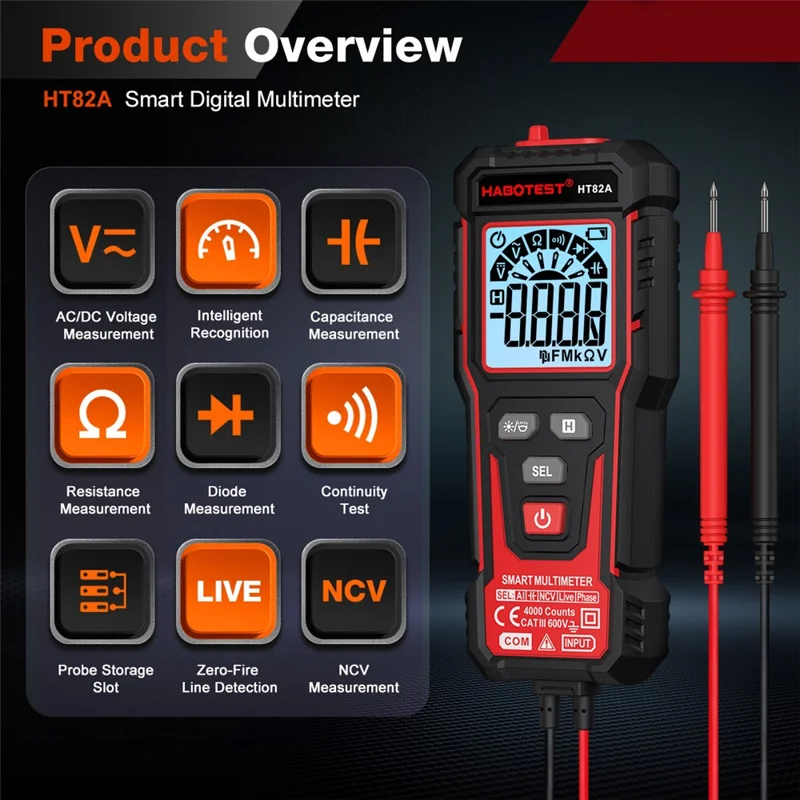 HABOTEST HT82A Multimetro Digitale Intelligente con Riconoscimento Automatico di Tensione CA/CC, Tester con Rilevamento NCV (senza Batteria) - Nero