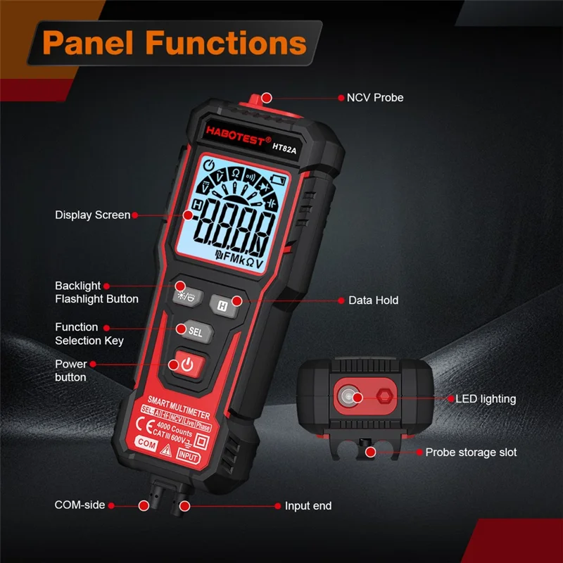 HABOTEST HT82A Multimetro Digitale Intelligente con Riconoscimento Automatico di Tensione CA/CC, Tester con Rilevamento NCV (senza Batteria) - Nero