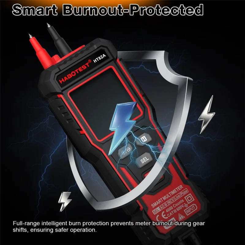 HABOTEST HT82A Multimetro Digitale Intelligente con Riconoscimento Automatico di Tensione CA/CC, Tester con Rilevamento NCV (senza Batteria) - Nero