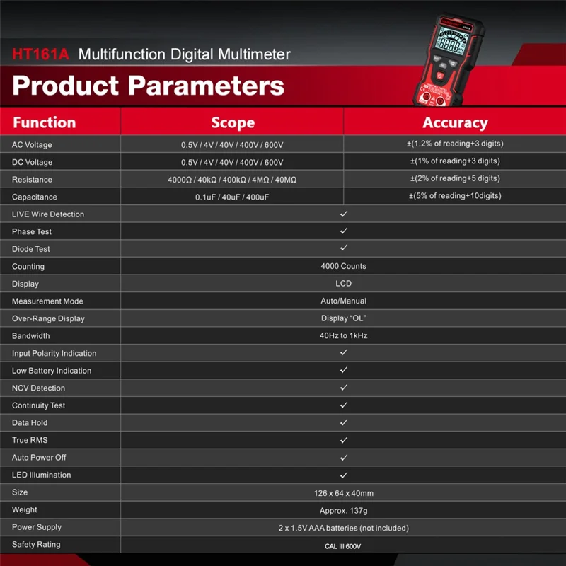 HABOTEST HT161A Multimetro Digitale Intelligente con Rilevazione NCV e di Cavi Attivi