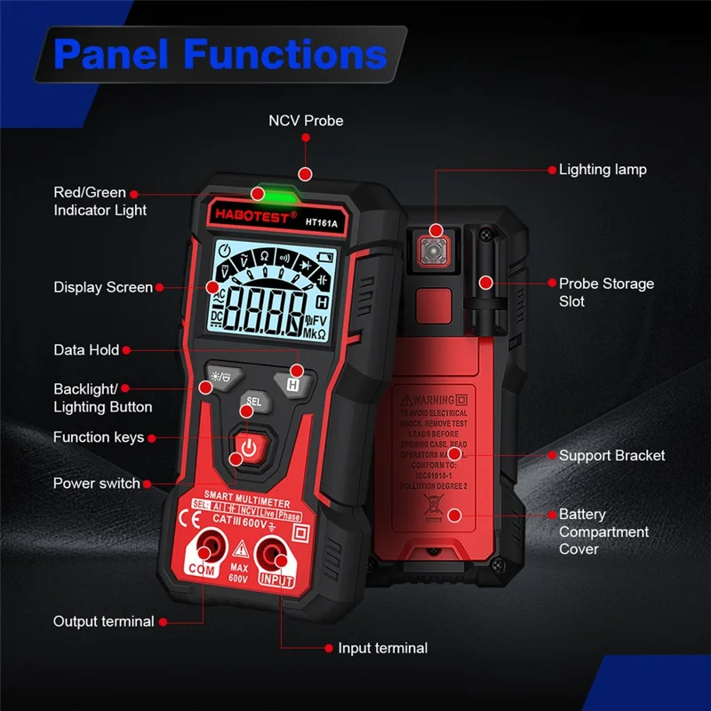 HABOTEST HT161A Multimetro Digitale Intelligente con Rilevazione NCV e di Cavi Attivi