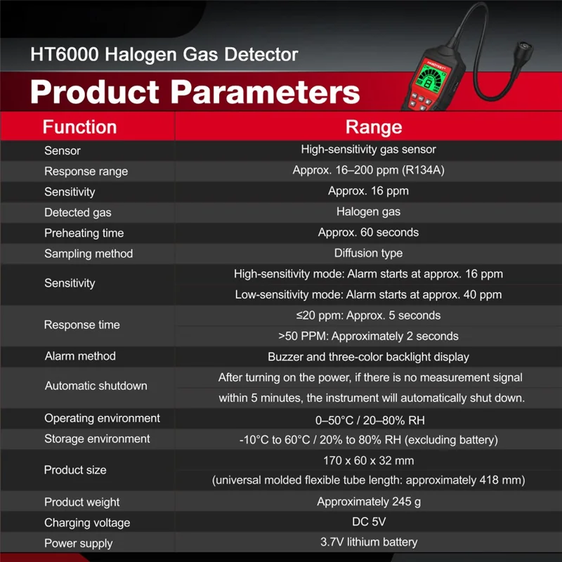HABOTEST HT6000 Detektor Gazu Halogenowego 16 ppm Tester Wycieków Czynnika Chłodniczego o Wysokiej Czułości - Czarny / Czerwony