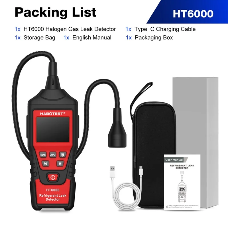 HABOTEST HT6000 Detektor Gazu Halogenowego 16 ppm Tester Wycieków Czynnika Chłodniczego o Wysokiej Czułości - Czarny / Czerwony