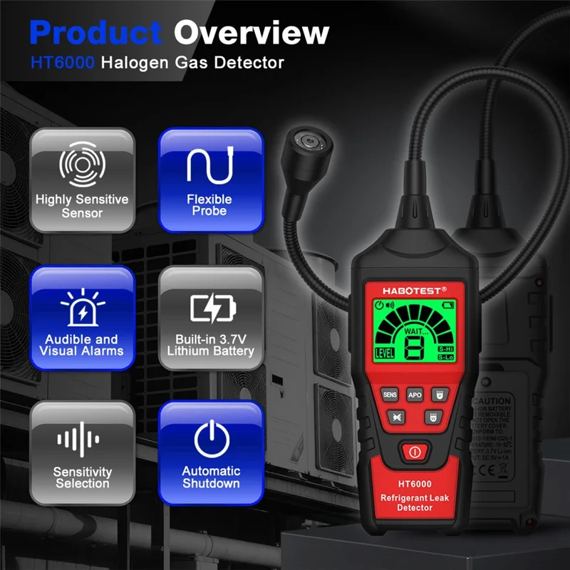 HABOTEST HT6000 Detektor Gazu Halogenowego 16 ppm Tester Wycieków Czynnika Chłodniczego o Wysokiej Czułości - Czarny / Czerwony