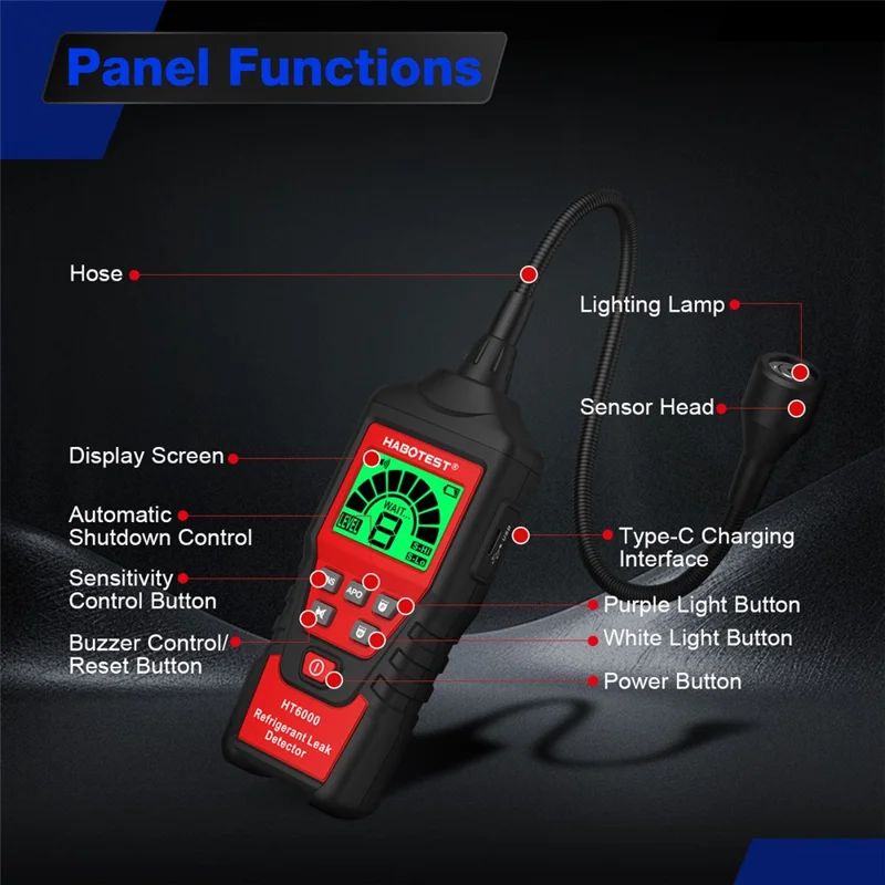 HABOTEST HT6000 Detektor Gazu Halogenowego 16 ppm Tester Wycieków Czynnika Chłodniczego o Wysokiej Czułości - Czarny / Czerwony