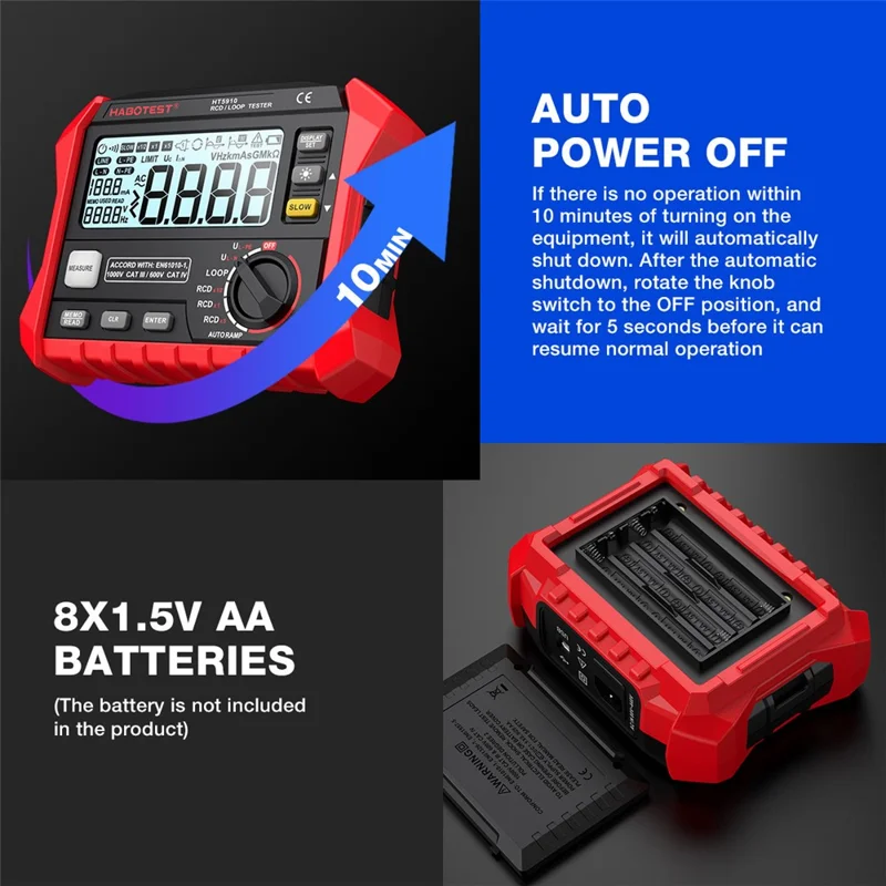 HABOTEST HT5910 RCD Loop Resistance Tester 4.7inch LCD Digital 1000V CAT III Tester (without Battery) - Black / Red
