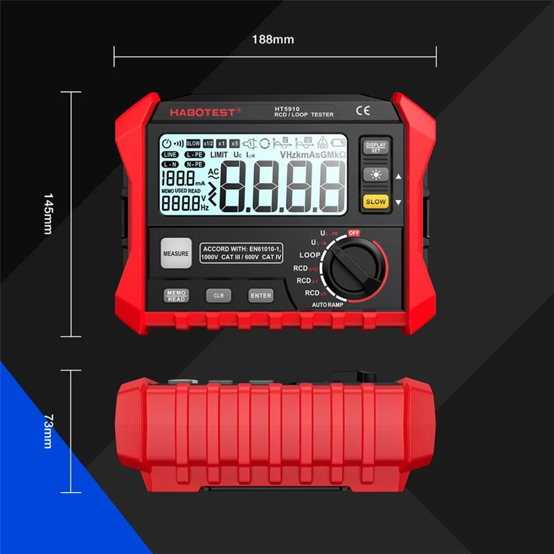 HABOTEST HT5910 RCD Loop Resistance Tester 4.7inch LCD Digital 1000V CAT III Tester (without Battery) - Black / Red