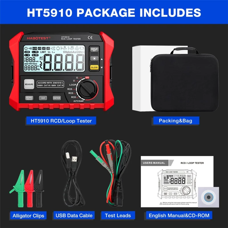 HABOTEST HT5910 RCD Loop Resistance Tester 4.7inch LCD Digital 1000V CAT III Tester (without Battery) - Black / Red