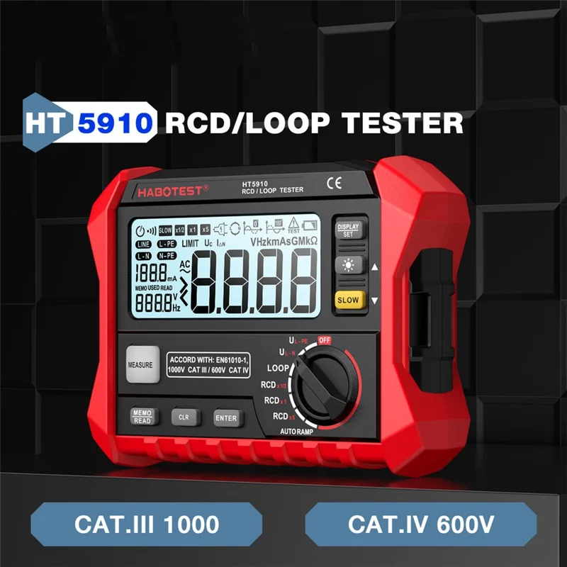 HABOTEST HT5910 RCD Loop Resistance Tester 4.7inch LCD Digital 1000V CAT III Tester (without Battery) - Black / Red