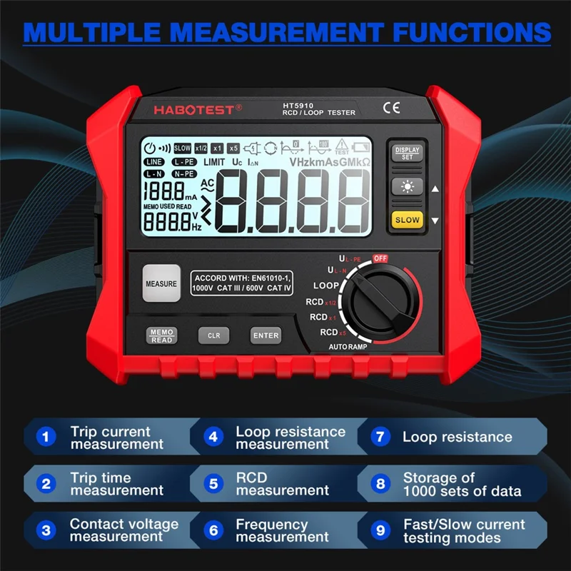 HABOTEST HT5910 RCD Loop Resistance Tester 4.7inch LCD Digital 1000V CAT III Tester (without Battery) - Black / Red