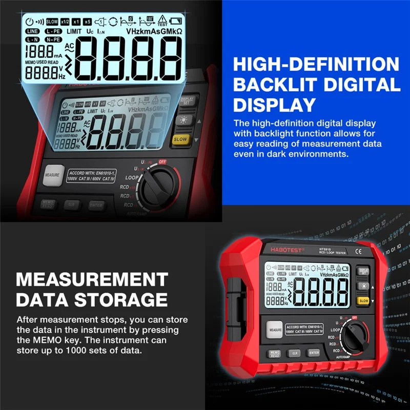 HABOTEST HT5910 RCD Loop Resistance Tester 4.7inch LCD Digital 1000V CAT III Tester (without Battery) - Black / Red