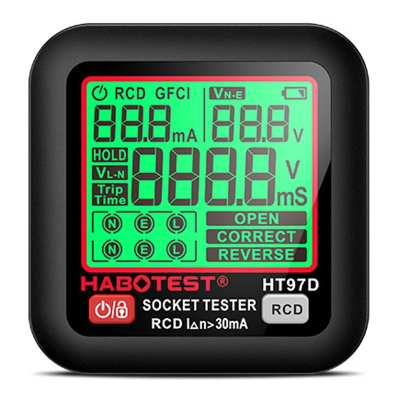 HABOTEST HT97D Medidor Digital de Tomadas Multímetro Detector de Sequência de Fase e de Fugas RCD para Eletricidade - Preto