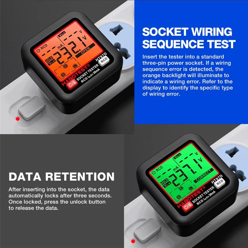 HABOTEST HT97D Medidor Digital de Tomadas Multímetro Detector de Sequência de Fase e de Fugas RCD para Eletricidade - Preto