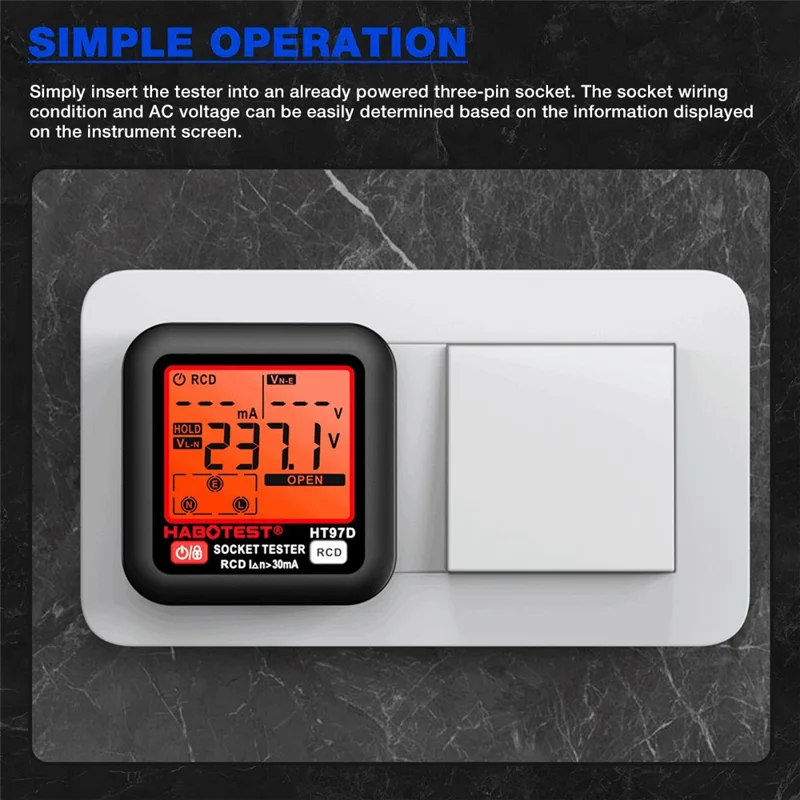 HABOTEST HT97D Medidor Digital de Tomadas Multímetro Detector de Sequência de Fase e de Fugas RCD para Eletricidade - Preto