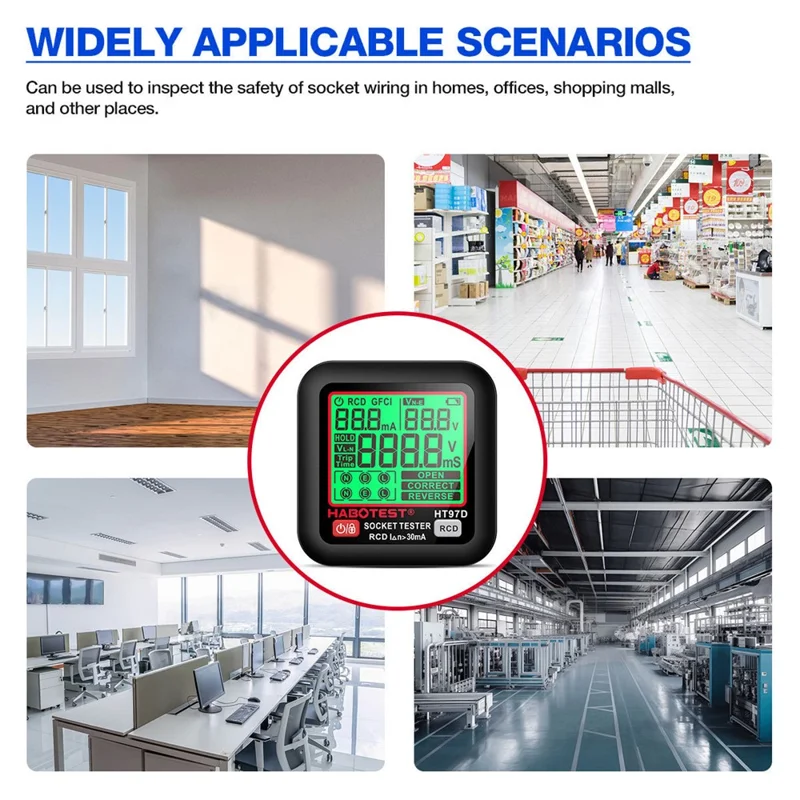 HABOTEST HT97D Medidor Digital de Tomadas Multímetro Detector de Sequência de Fase e de Fugas RCD para Eletricidade - Preto