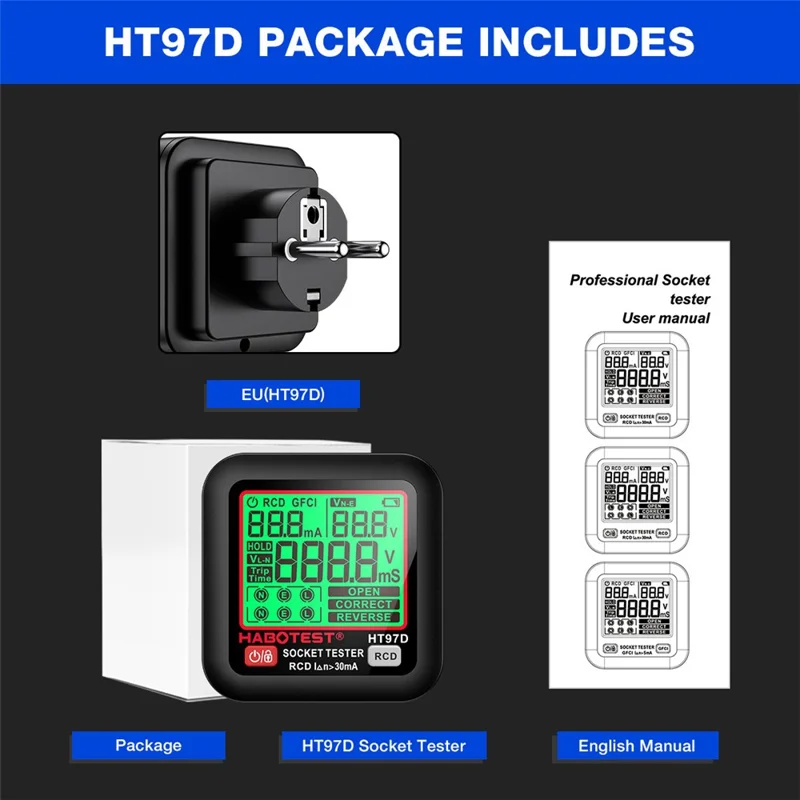 HABOTEST HT97D Medidor Digital de Tomadas Multímetro Detector de Sequência de Fase e de Fugas RCD para Eletricidade - Preto