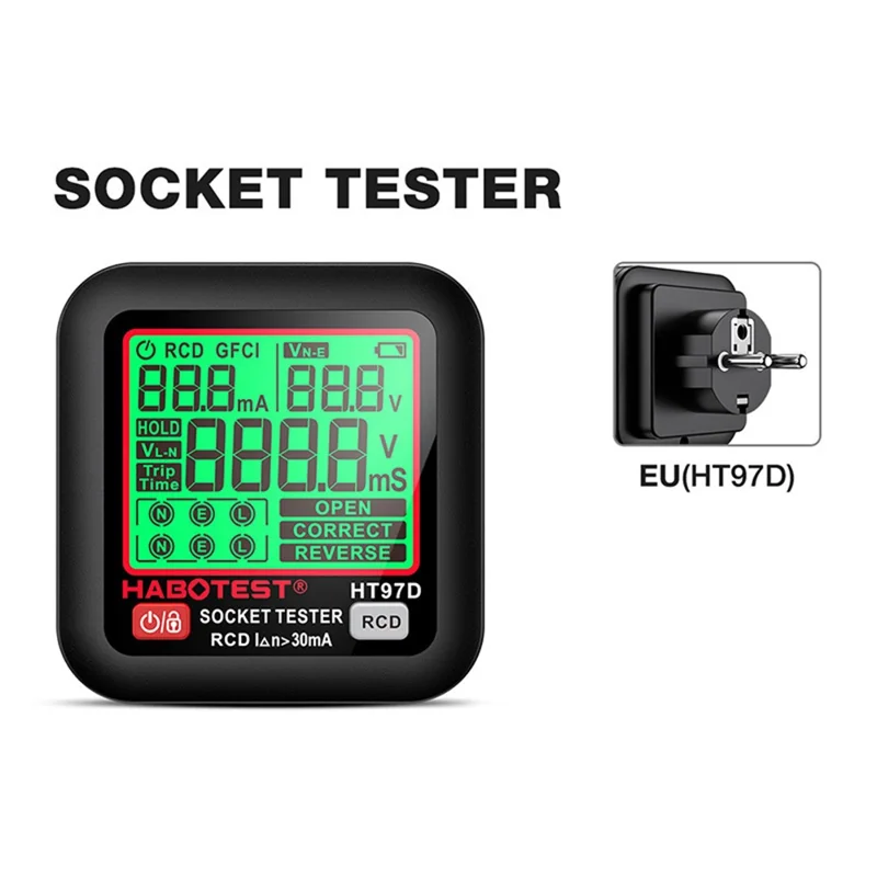 HABOTEST HT97D Medidor Digital de Tomadas Multímetro Detector de Sequência de Fase e de Fugas RCD para Eletricidade - Preto