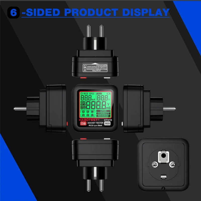HABOTEST HT97D Medidor Digital de Tomadas Multímetro Detector de Sequência de Fase e de Fugas RCD para Eletricidade - Preto