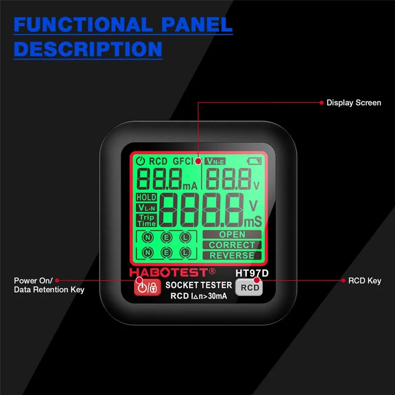 HABOTEST HT97D Medidor Digital de Tomadas Multímetro Detector de Sequência de Fase e de Fugas RCD para Eletricidade - Preto
