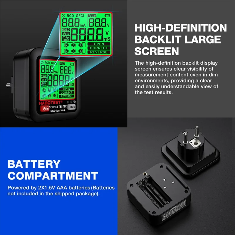 HABOTEST HT97D Medidor Digital de Tomadas Multímetro Detector de Sequência de Fase e de Fugas RCD para Eletricidade - Preto