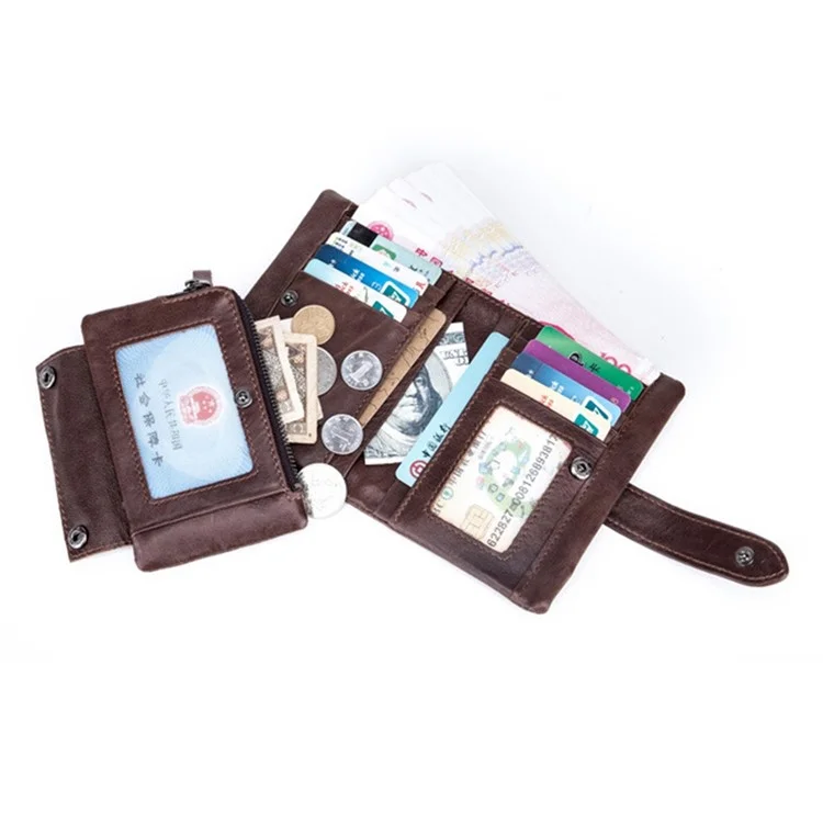 Bullcaptain 01 Vertical Top Capa Cowhide Men Billetera Detraimiento de la Cremallera Diseño de Bolsillo de Bolsillo Tarjetas Bolsa de Soporte en Efectivo - Café