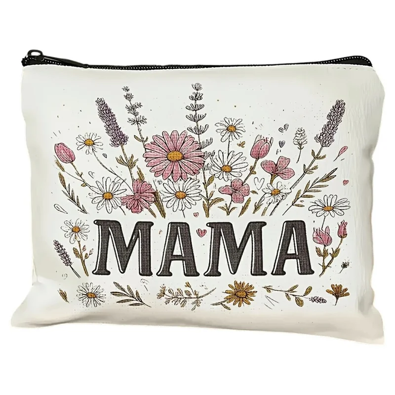 Portable Canvas Makeup Bag Letter MAMA Floral Pattern Cosmetic Pouch Travel Toiletry Organizer