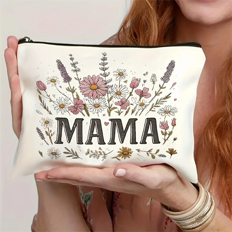 Portable Canvas Makeup Bag Letter MAMA Floral Pattern Cosmetic Pouch Travel Toiletry Organizer
