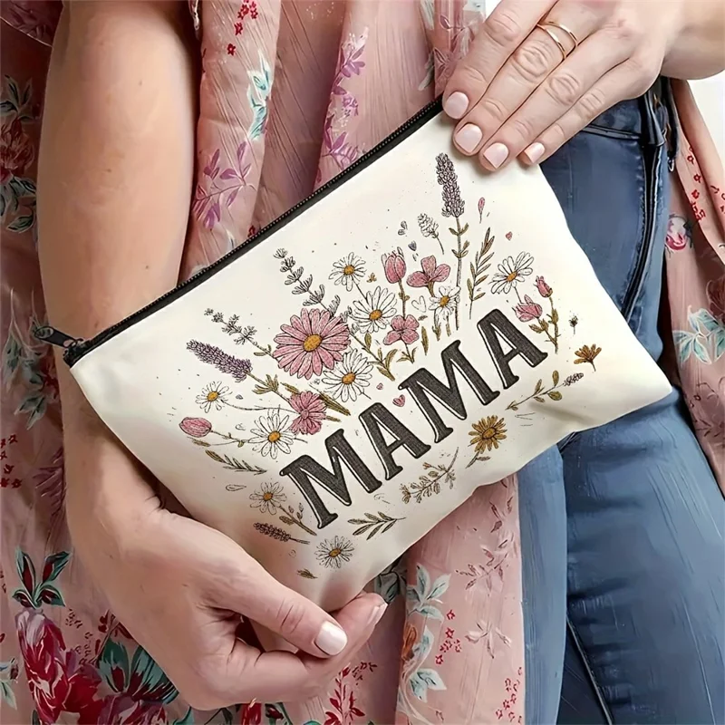 Portable Canvas Makeup Bag Letter MAMA Floral Pattern Cosmetic Pouch Travel Toiletry Organizer
