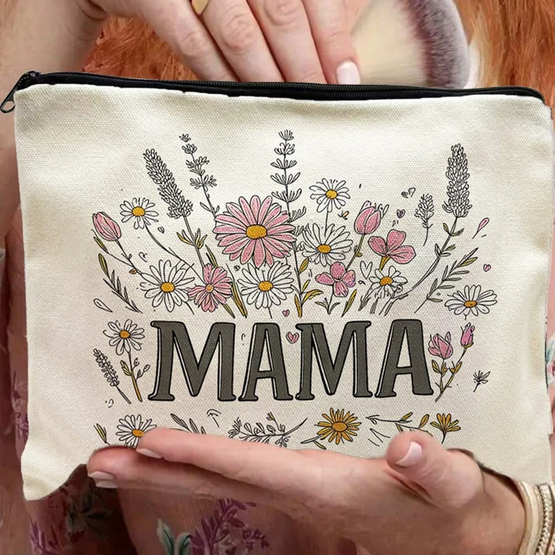 Portable Canvas Makeup Bag Letter MAMA Floral Pattern Cosmetic Pouch Travel Toiletry Organizer