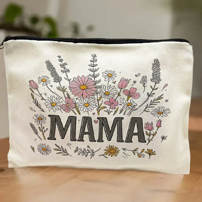 Portable Canvas Makeup Bag Letter MAMA Floral Pattern Cosmetic Pouch Travel Toiletry Organizer