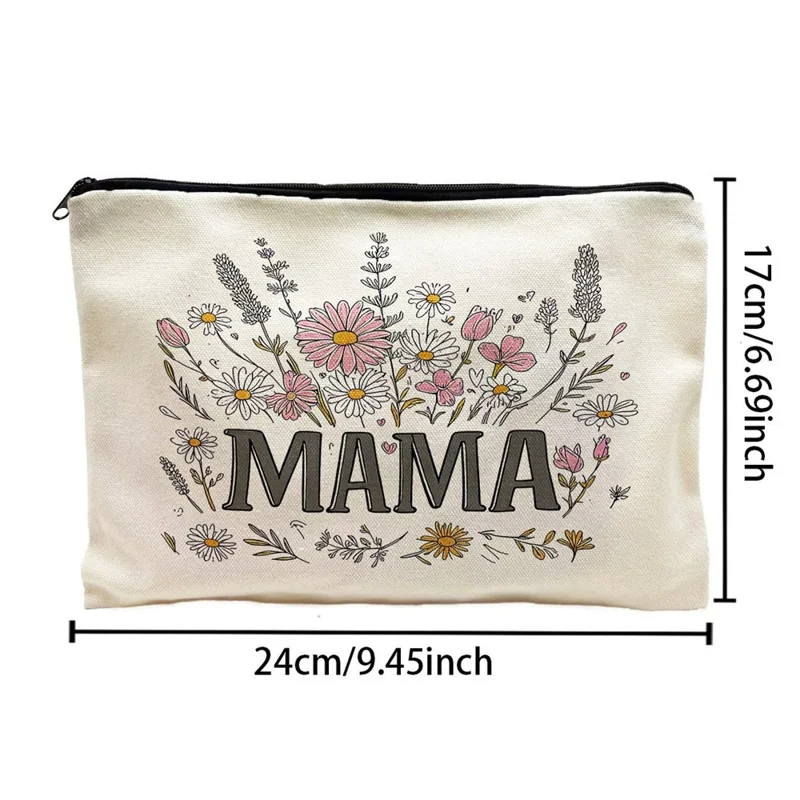 Portable Canvas Makeup Bag Letter MAMA Floral Pattern Cosmetic Pouch Travel Toiletry Organizer
